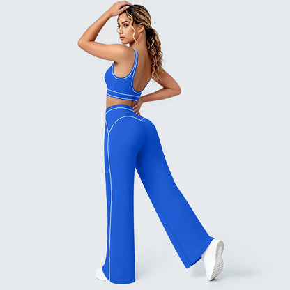 Damen-Yoga-Set mit Sport-BH und weitem Hose, blau mit Kontrastlinien