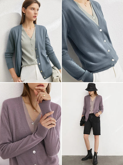 AMII Wolljacke mit V-Ausschnitt und Knopfleiste, blau-grau