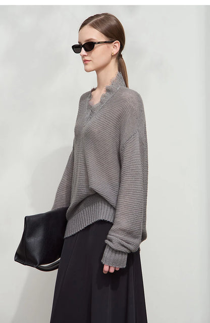 Damen V-Ausschnitt Pullover Mohair Spitze locker mittellang Frühling