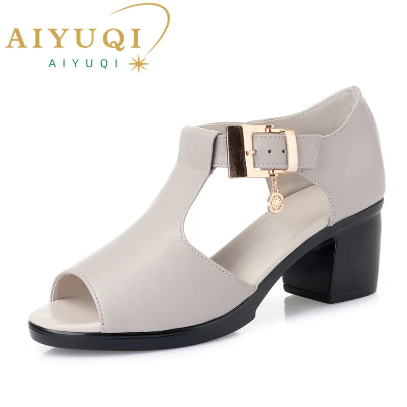 AIYUQI Frauen Sandalen Aus Echtem Leder 2024 Sommer Mode Stil Frau Sandalen Feste Beiläufige Prägnante Dame Med Ferse Schuhe Sandalen