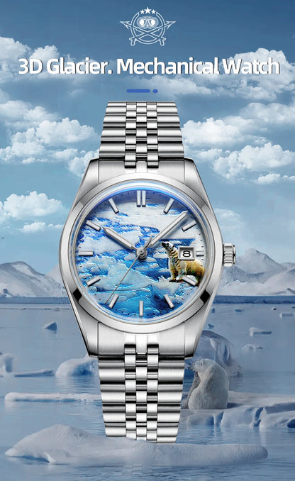 Herren-Automatikuhr mit 3D-Gletscher-Zifferblatt und Bubble-Glas