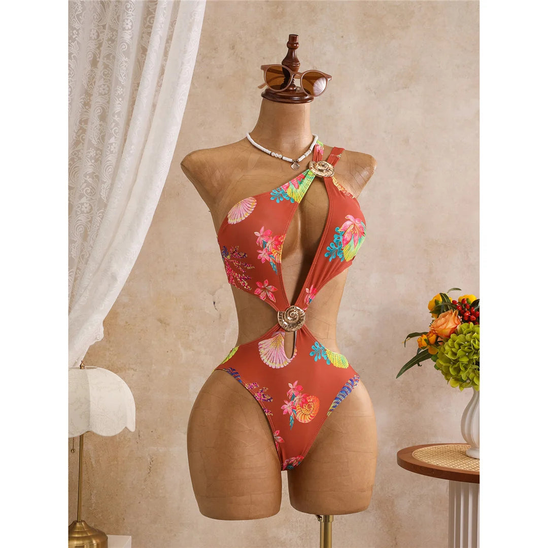 Damen Badeanzug Blumendruck One-Shoulder asymmetrisch Cut-Out Monokini gepolstert