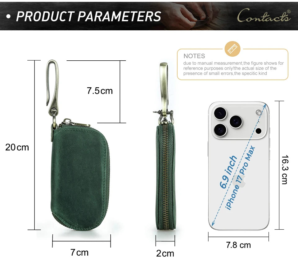 Schlüsseltasche aus Leder, dunkelgrün, mit Metallring und Reißverschluss