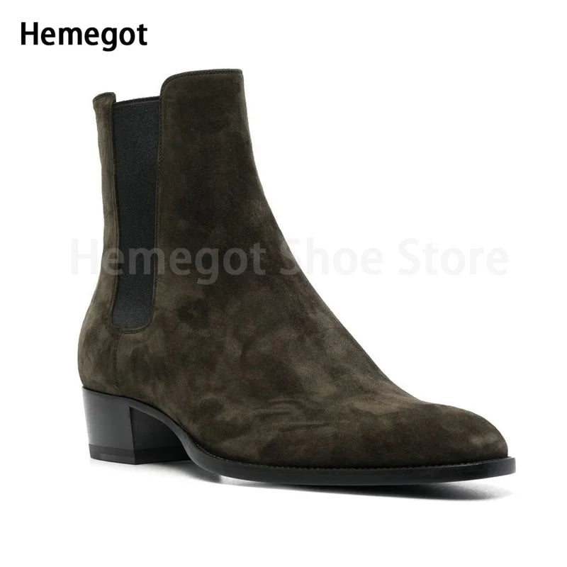 Chelsea-Boots aus Leder dunkelgrün, angesetzter Elastikeinsatz, Blockabsatz
