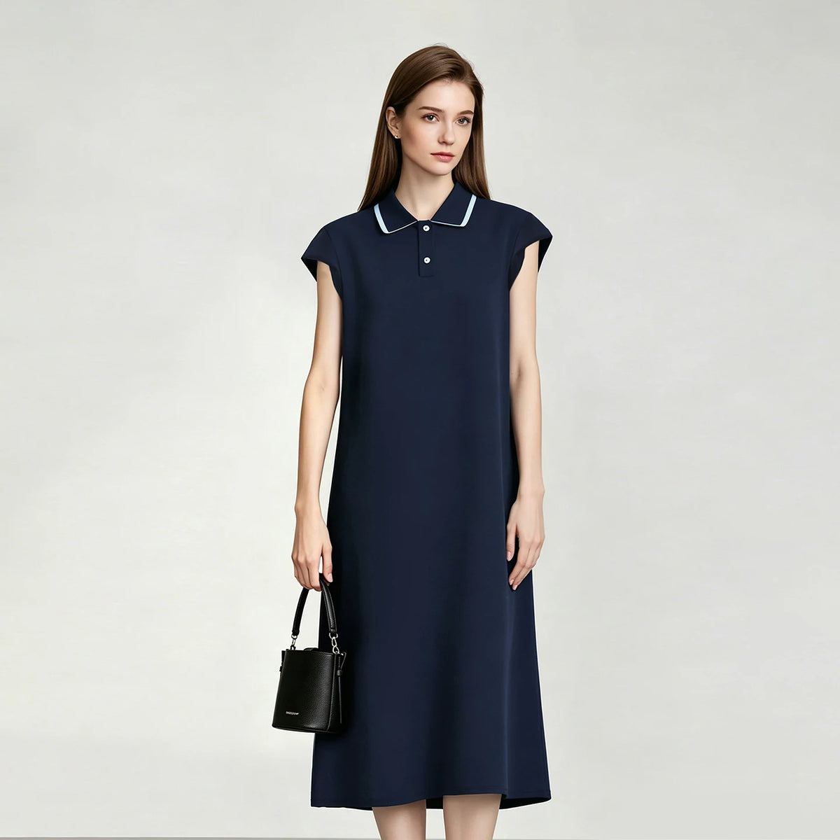 Midi-Strickkleid dunkelblau mit Polokragen, Knopfleiste und kurzen Kap-Ärmeln