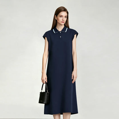 Midi-Strickkleid dunkelblau mit Polokragen, Knopfleiste und kurzen Kap-Ärmeln
