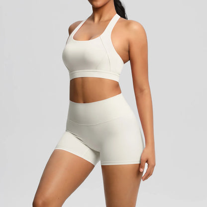 Damen-Sportset mit Crop Top und Shorts, cremeweiß, nahtbetont