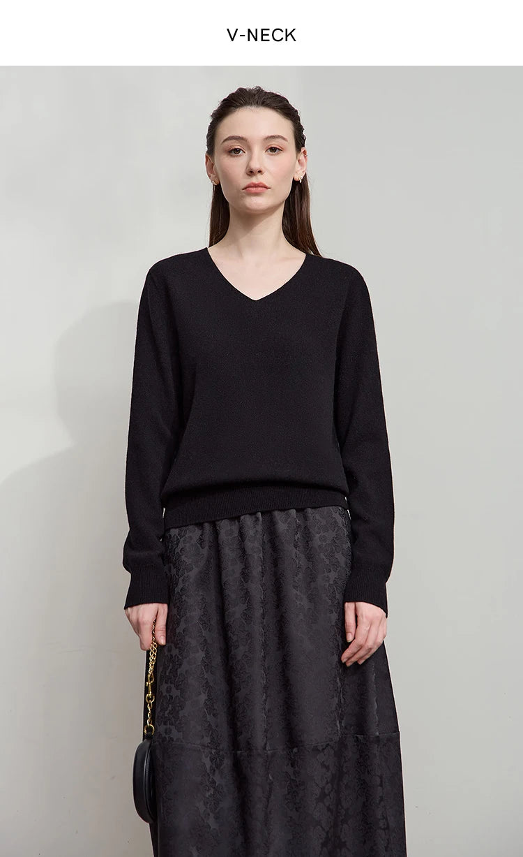 Damenpullover mit V-Ausschnitt, schwarzer Langarm, feiner Strick mit gerüschtem Rock-Look unten