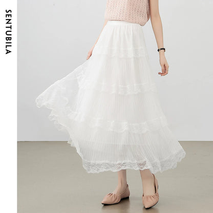 Damen A-Linie Spitzenrock im süßen Stil mit elastischer Taille und Patchwork-Mesh