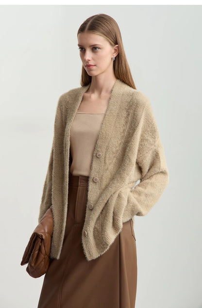 Damen-Strickjacke V-Ausschnitt Nerz-Imitat locker dick Winter
