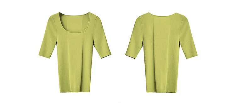 Damen-Strickpullover mit quadratischem Ausschnitt und Halbarm, grünlich