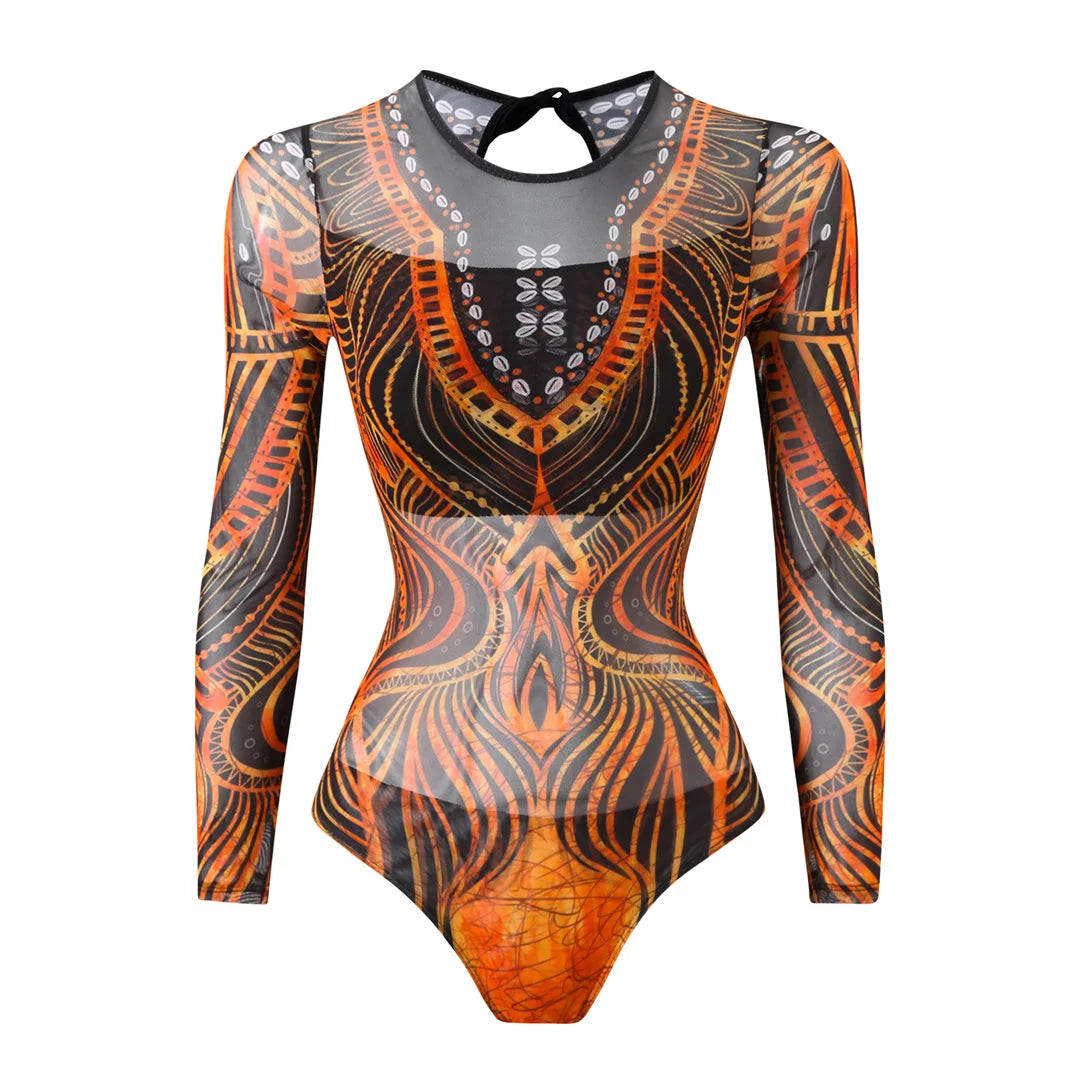 Damen-Badeanzug Blumen Langarm Sarong einteilig gepolstert