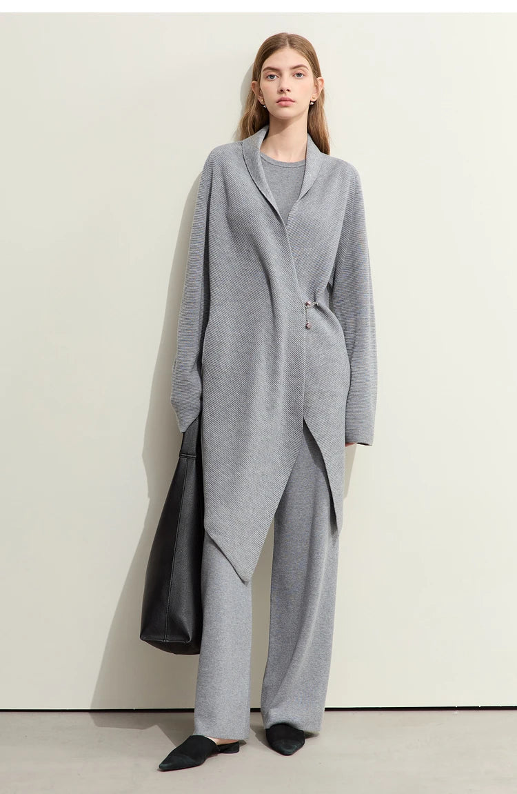 Damen-Strickjacke Wolle Umlegekragen lang locker Tasche Herbst