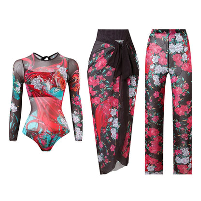 Damen-Badeanzug 3-teilig Print Langarm Sarong-Set gepolstert