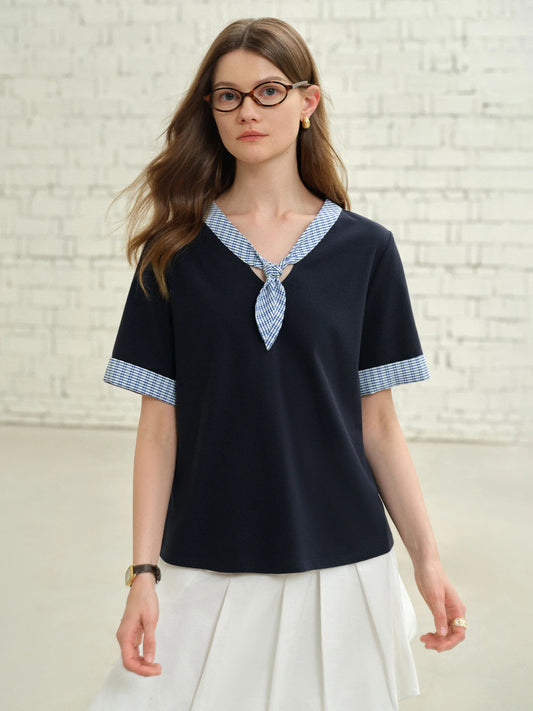 Ärmelloses Damen-Top aus reiner Baumwolle mit Wellenmuster und Perlendetails – atmungsaktiv und elegant in Blau