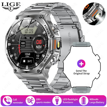 Männer Smartwatch mit robuster LED Taschenlampe und Bluetooth-Anruf-Funktion