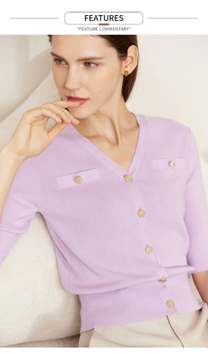 Damen-Strickjacke Baumwolle Slim Halbarm V-Ausschnitt Büro Frühling