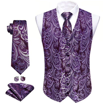 Herrenweste lila mit Jacquard-Paisley, dazu Krawatte, Einstecktuch und Manschettenknöpfe
