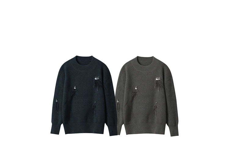 Damen-Rundhalspullover Perlen Strassapplikation locker Winter