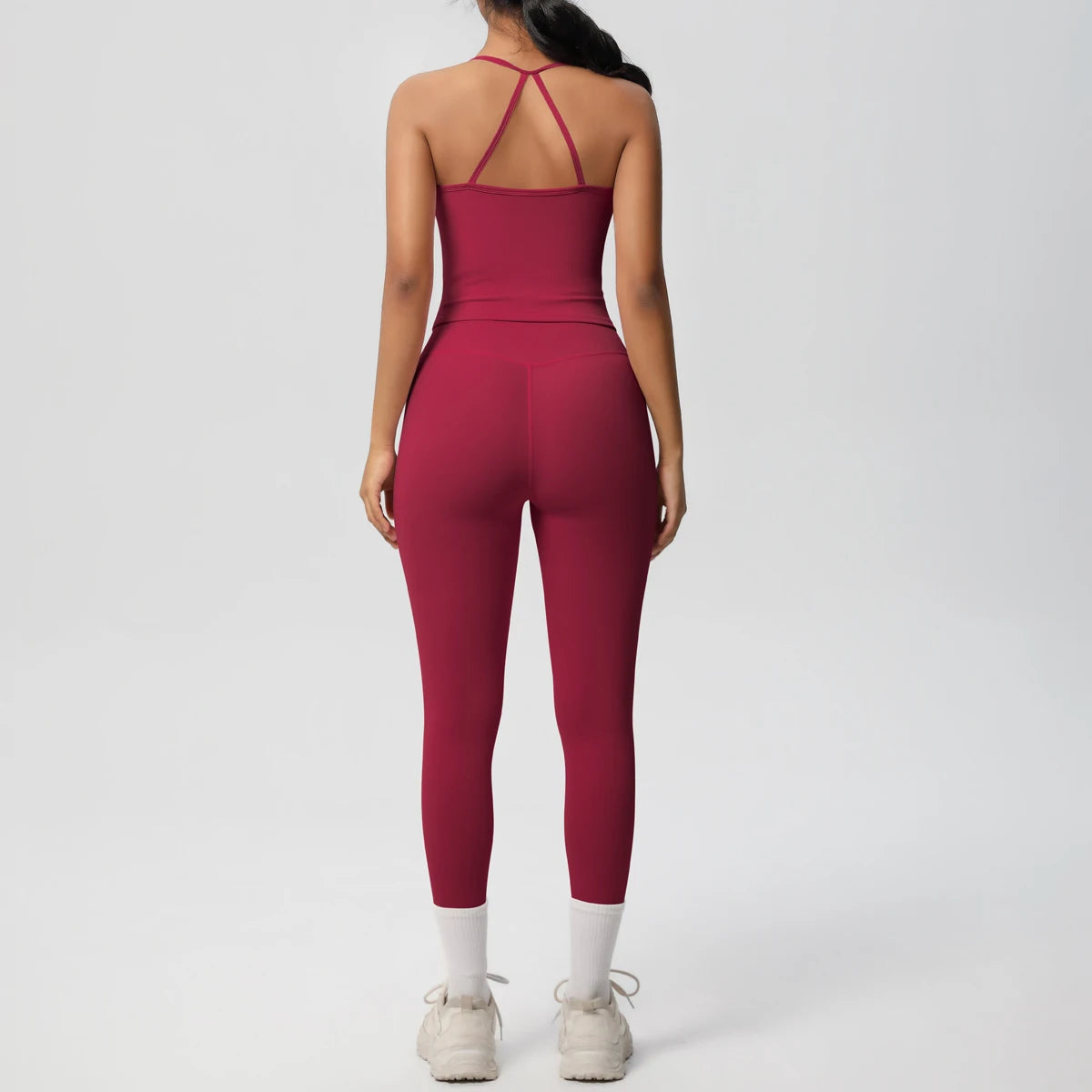 Damen Yoga-Set bordeauxrot, Trägershirt mit gekreuzten Trägern, Leggings