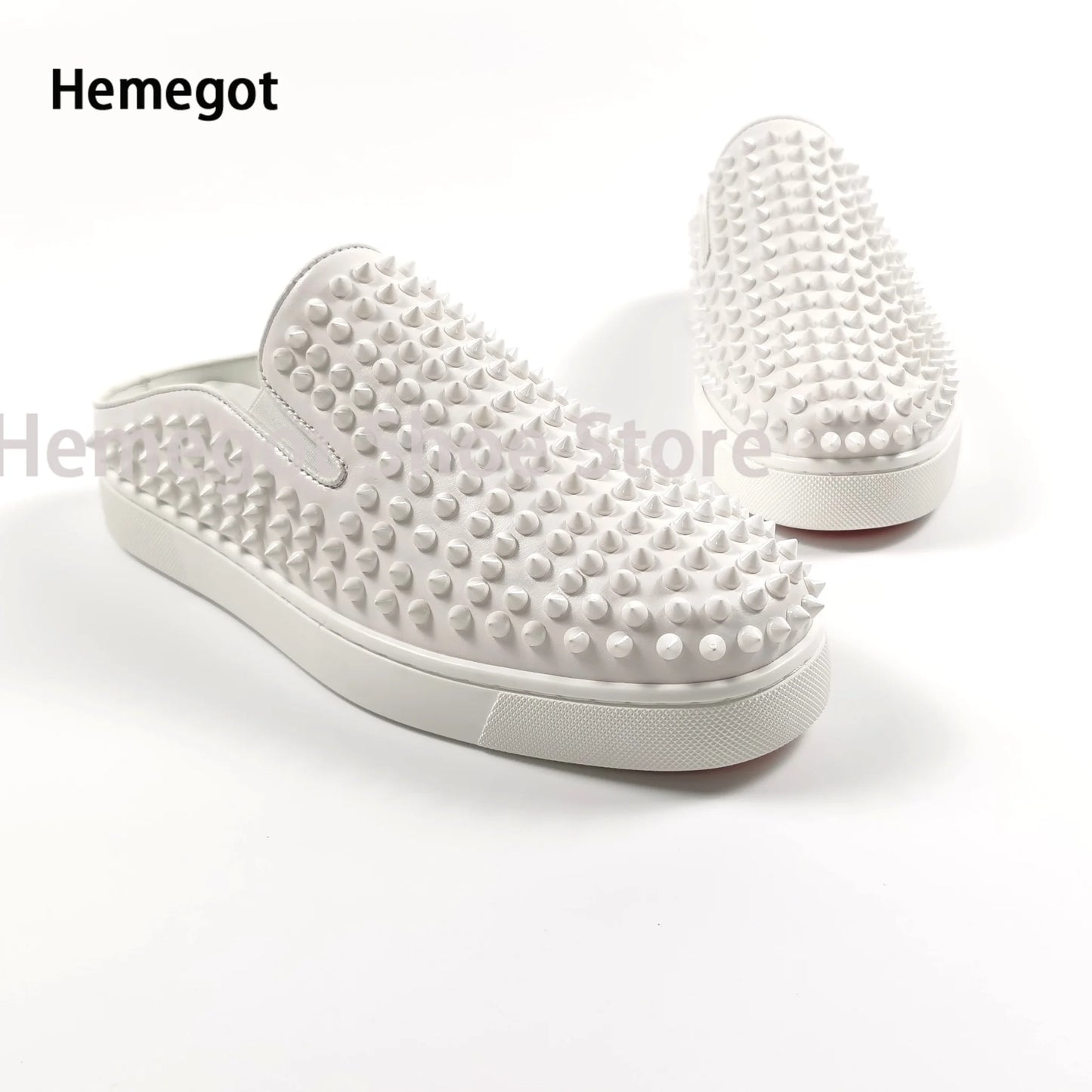 White Riveted Men's Slippers Leather Low Top Flat Casual Shoes Males Brand High Quality Black Rivets Thick Sole Loafers