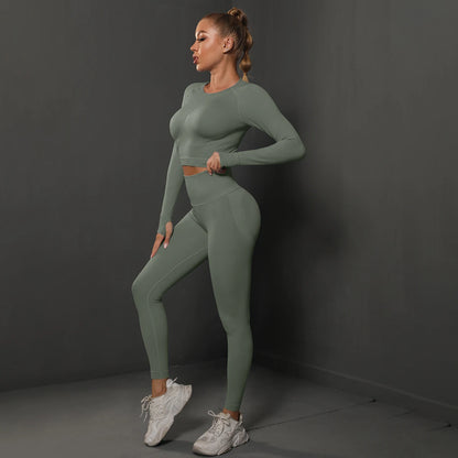 Nahtloses Yoga-Set mit Crop-Top und High-Waist-Leggings, helles Olivgrün