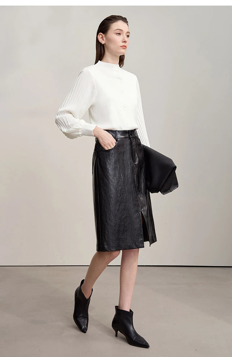 Damen-Strickjacke Slim halbhoher Kragen Laternenärmel Wolle-Mix Herbst