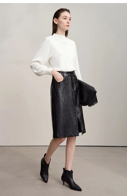 Damen-Strickjacke Slim halbhoher Kragen Laternenärmel Wolle-Mix Herbst