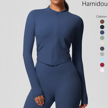 Langarm-Fitnessoberteil, Slim Fit, dunkelblau, mit durchgehendem Reißverschluss