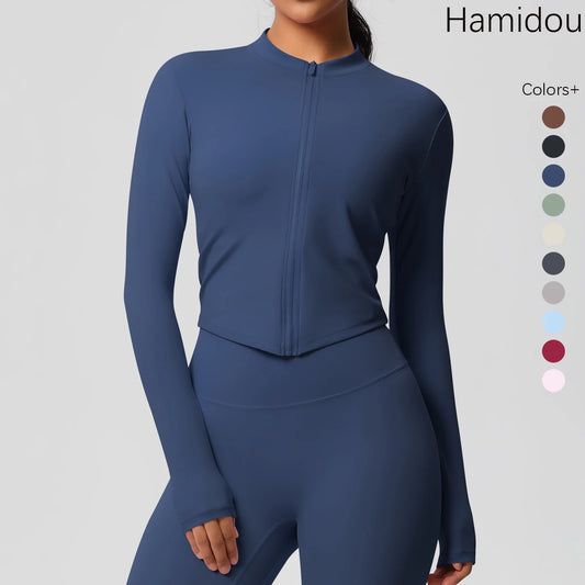 Langarm-Fitnessoberteil, Slim Fit, dunkelblau, mit durchgehendem Reißverschluss