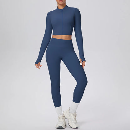 Dunkelblaues Damen-Yogaset mit Reißverschluss-Sportshirt und Leggings, Vorderansicht