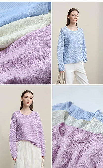 Amii Strickpullover in Hellblau und Flieder mit Rundhalsausschnitt und Spitzenapplikation