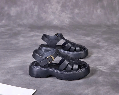 AIYUQI Sandalen Frauen Sommer 2025, Neue Echtes Leder Baotou Römischen Sandalen Damen Retro Hohl Gewebt Frauen Sandalen