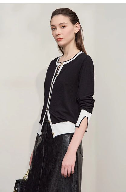 Damen-Strickjacke Rundhals Patchwork gerade elegant vielseitig Herbst