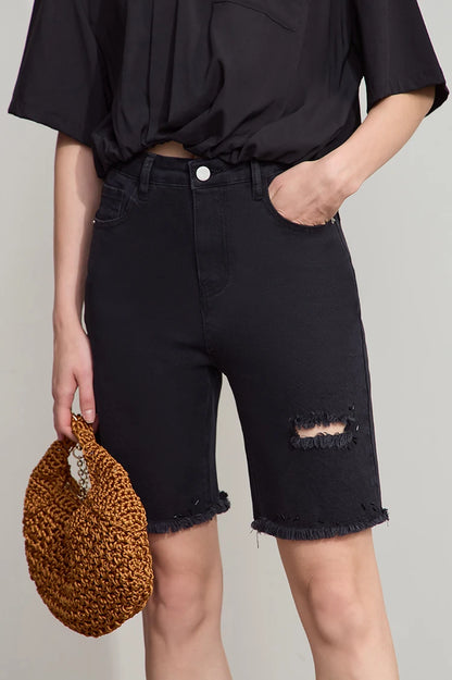 Damen Denim Shorts im minimalistischen Casual-Stil mit Zipper und Loch-Dekoration