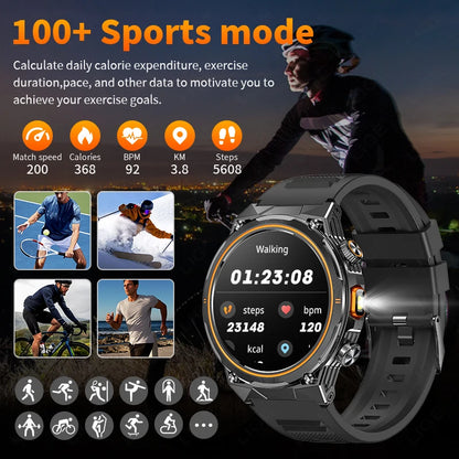 Männer Smartwatch mit Fitness Tracker und wasserdichter Taschenlampe für Outdoor Aktivitäten