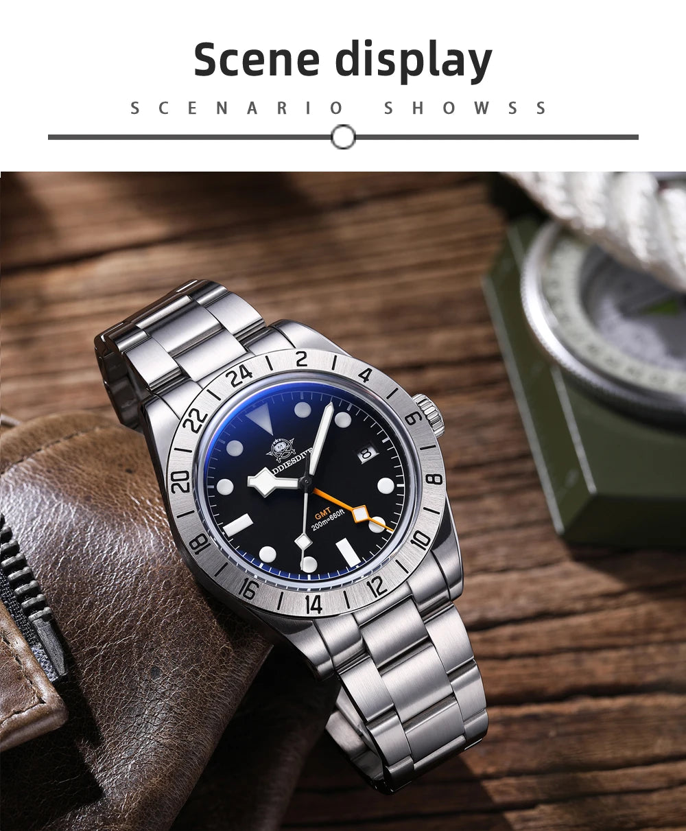 Herren GMT Luxus-Quarzuhr 200m Edelstahl BGW9 Super Leuchtzeiger