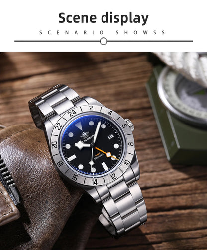 Herren GMT Luxus-Quarzuhr 200m Edelstahl BGW9 Super Leuchtzeiger