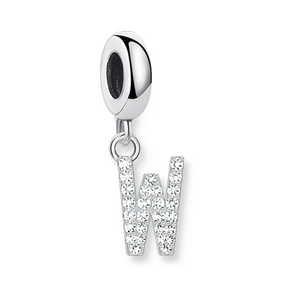 Buchstaben-Charm-Anhänger aus 925er Sterlingsilber mit Strassbuchstabe W und dunklem Stein oben.