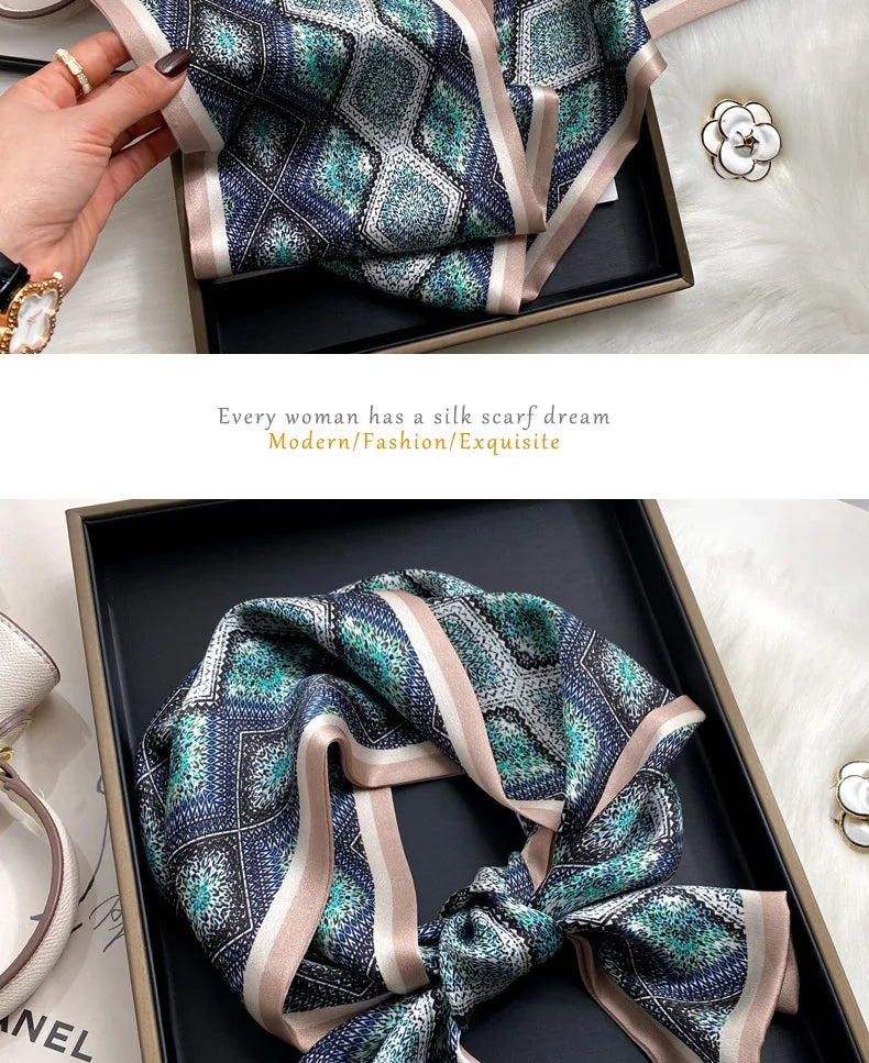 Damen Seidenschal dünn Taschenband Foulard Haarband Stirnband bedruckt F