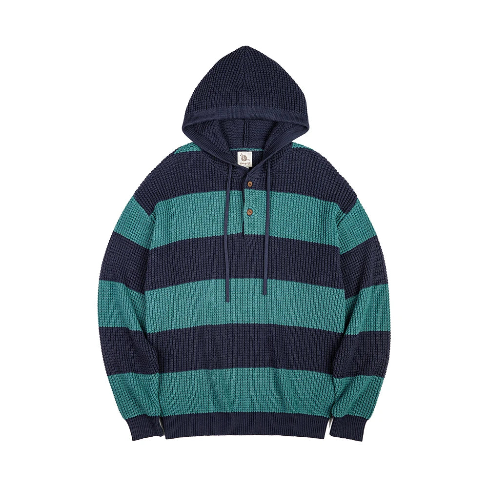 Herren Lässiger Gestreifter Strick-Hoodie im College-Stil mit Holzknopf