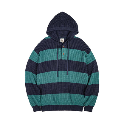 Herren Lässiger Gestreifter Strick-Hoodie im College-Stil mit Holzknopf