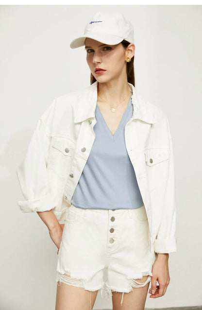 Damen Tops im Minimalismus-Stil mit V-Ausschnitt und kurzen Ärmeln