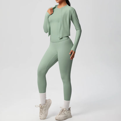 Damen-Yoga-Set in Salbeigrün: High-Waist Leggings und langärmliges Top mit Reißverschluss