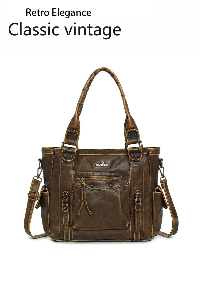 Damen-Schultertasche aus PU mit Mehrfachfächern Bronze Vintage Look Geräumige Innentaschen