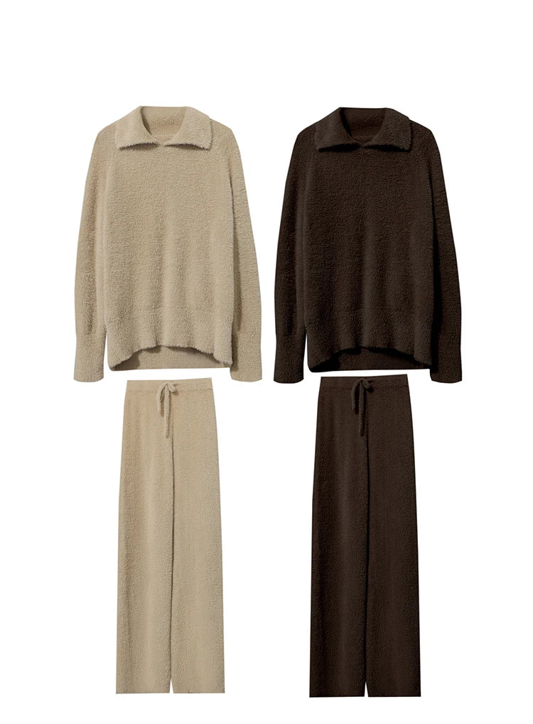 Set aus Pullover und Hose: hellbeige und dunkelbraun, je mit Kordelzug