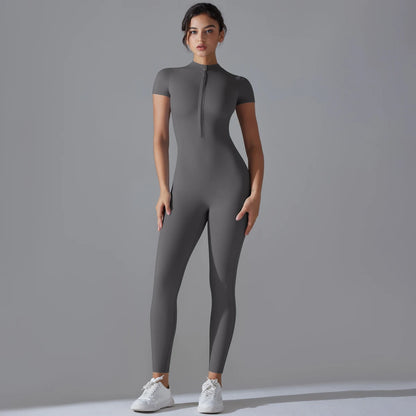 Dunkelgrauer Damen-Sport-Bodysuit mit kurzem Arm und Reißverschluss vorn, eng