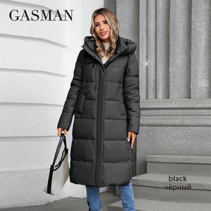 Lange Damen-Daunenjacke mit Reißverschluss, Stehkragen und Kapuze – klassisches, schlankes Design mit Taschen