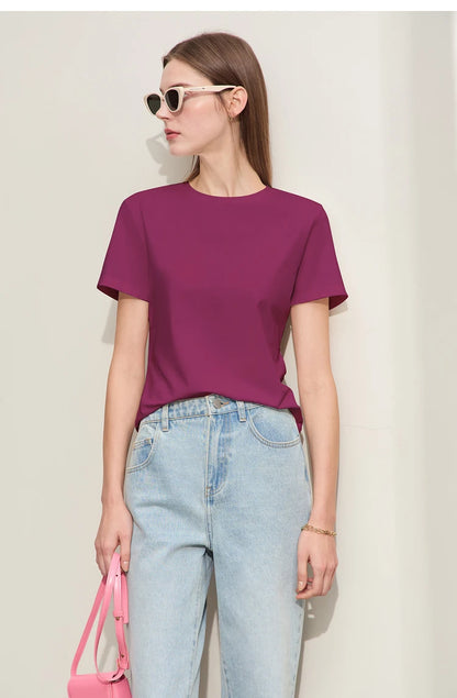 Damen T-Shirt im minimalistischen Stil mit lässigem O-Ausschnitt und kurzen Ärmeln