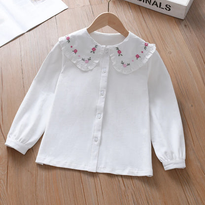 Mädchenhemd 2025, Frühling und Herbst, neue bestickte Bluse mit Blumenmuster und langen Ärmeln und Rüschenkragen, Kinderkleidung